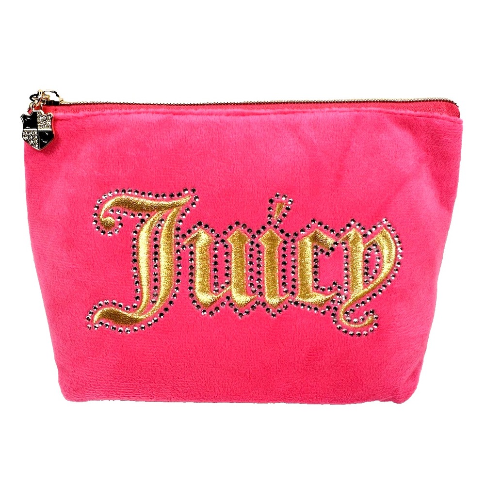 Juicy Couture Pink Velour Cosmetic Bag w/ Rhinestone Logo + Bottle NWT